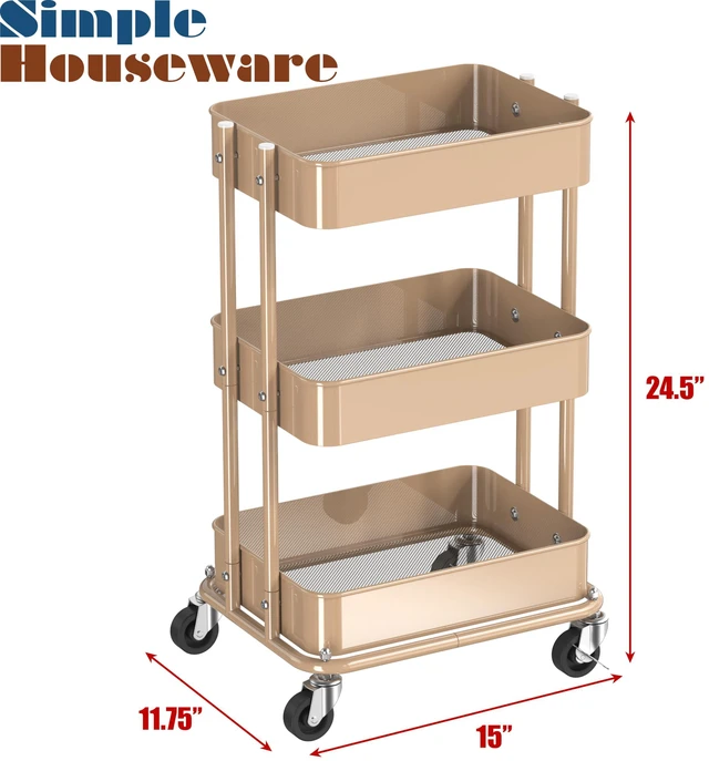 Alt view image 3 of 7 - 3-Tier Utility Cart, Low 24" Height Fits Under Desk, Khaki Compact & Lower Height Great for Under-Desk Space-Saving Storage for Home Office, Dining Room, or Kitchen
