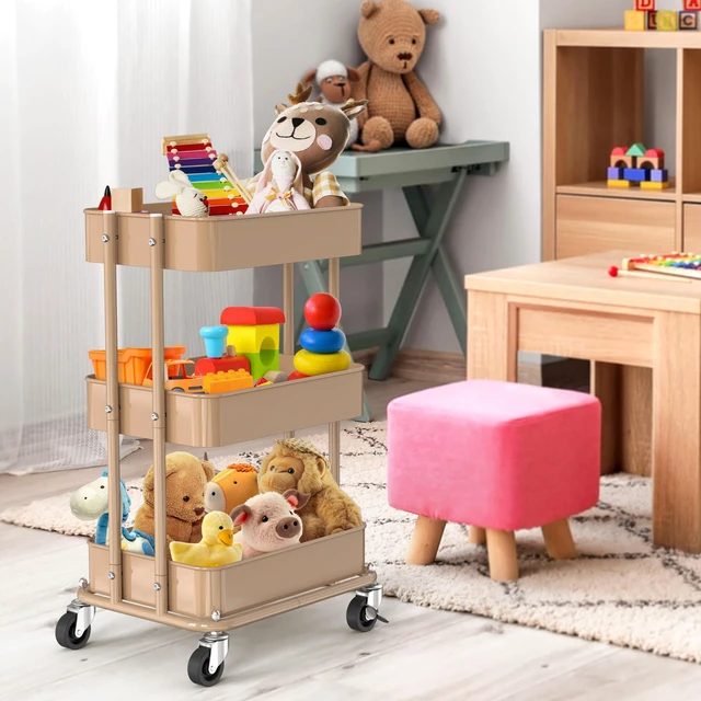 Alt view image 5 of 7 - 3-Tier Utility Cart, Low 24" Height Fits Under Desk, Khaki Compact & Lower Height Great for Under-Desk Space-Saving Storage for Home Office, Dining Room, or Kitchen