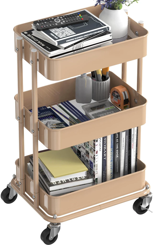 Alt view image 4 of 7 - 3-Tier Utility Cart, Low 24" Height Fits Under Desk, Khaki Compact & Lower Height Great for Under-Desk Space-Saving Storage for Home Office, Dining Room, or Kitchen