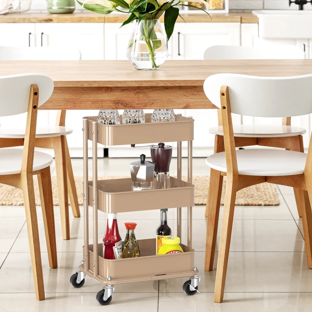 Alt view image 6 of 7 - 3-Tier Utility Cart, Low 24" Height Fits Under Desk, Khaki Compact & Lower Height Great for Under-Desk Space-Saving Storage for Home Office, Dining Room, or Kitchen