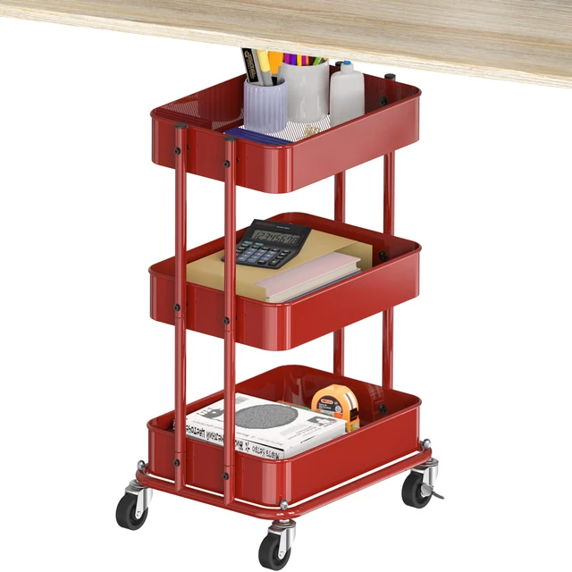 Main image of 3-Tier Utility Cart, Low 24" Height Fits Under Desk, Red Compact & Lower Height Great for Under-Desk Space-Saving Storage for Home Office, Dining Room, or Kitchen