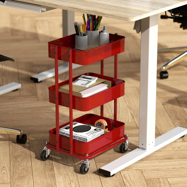 Alt view image 2 of 7 - 3-Tier Utility Cart, Low 24" Height Fits Under Desk, Red Compact & Lower Height Great for Under-Desk Space-Saving Storage for Home Office, Dining Room, or Kitchen