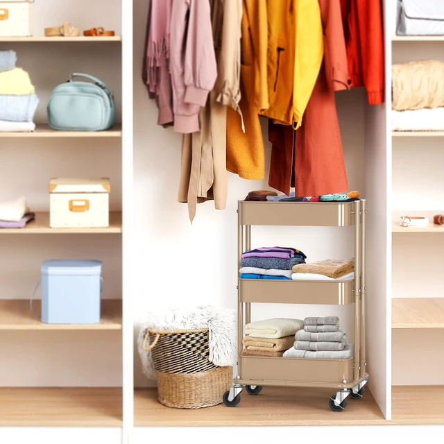 Alt view image 7 of 7 - 3-Tier Utility Cart, Low 24" Height Fits Under Desk, Khaki Compact & Lower Height Great for Under-Desk Space-Saving Storage for Home Office, Dining Room, or Kitchen
