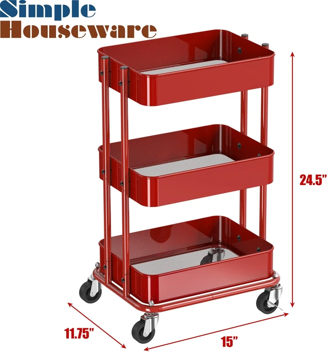 Alt view image 3 of 7 - 3-Tier Utility Cart, Low 24" Height Fits Under Desk, Red Compact & Lower Height Great for Under-Desk Space-Saving Storage for Home Office, Dining Room, or Kitchen