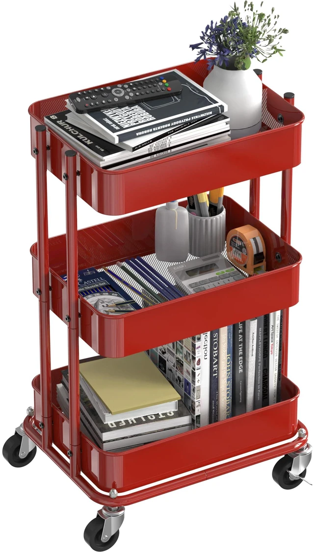 Alt view image 4 of 7 - 3-Tier Utility Cart, Low 24" Height Fits Under Desk, Red Compact & Lower Height Great for Under-Desk Space-Saving Storage for Home Office, Dining Room, or Kitchen
