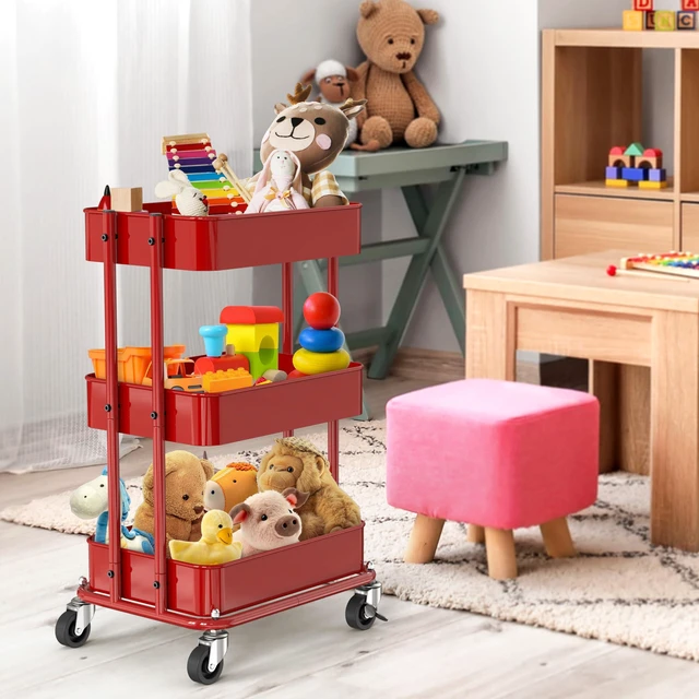 Alt view image 5 of 7 - 3-Tier Utility Cart, Low 24" Height Fits Under Desk, Red Compact & Lower Height Great for Under-Desk Space-Saving Storage for Home Office, Dining Room, or Kitchen