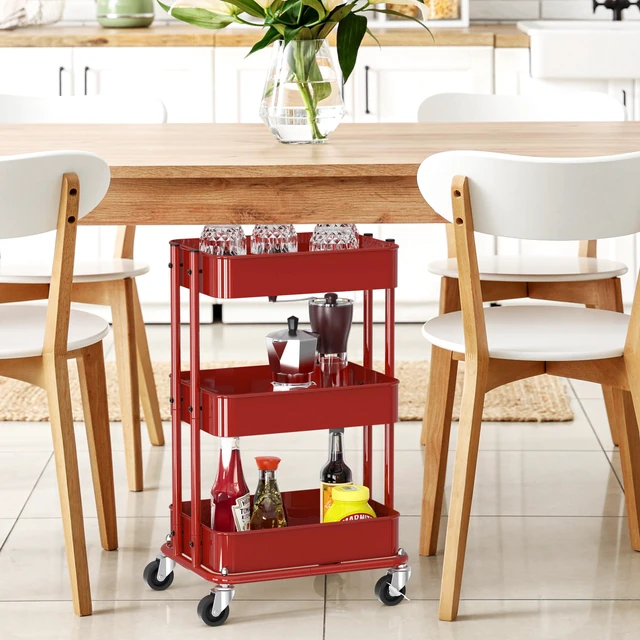 Alt view image 6 of 7 - 3-Tier Utility Cart, Low 24" Height Fits Under Desk, Red Compact & Lower Height Great for Under-Desk Space-Saving Storage for Home Office, Dining Room, or Kitchen