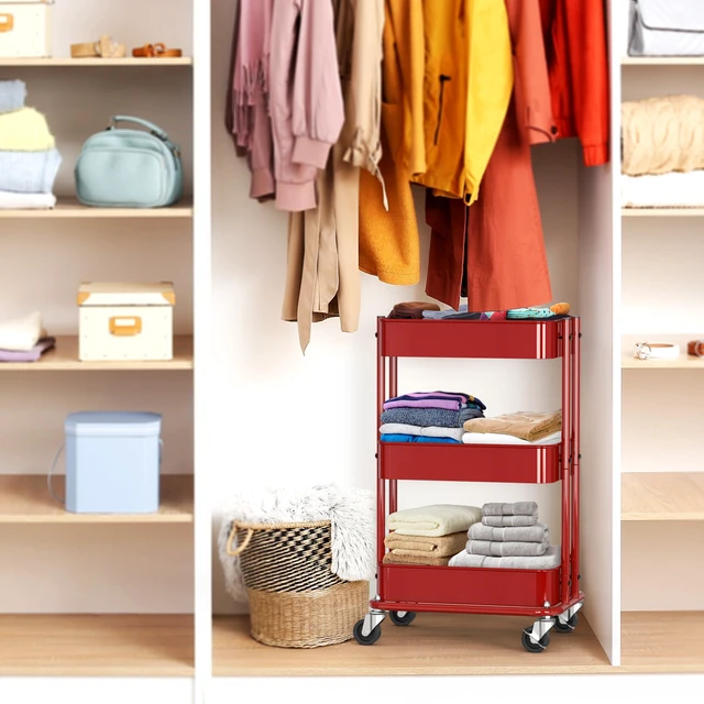 Alt view image 7 of 7 - 3-Tier Utility Cart, Low 24" Height Fits Under Desk, Red Compact & Lower Height Great for Under-Desk Space-Saving Storage for Home Office, Dining Room, or Kitchen