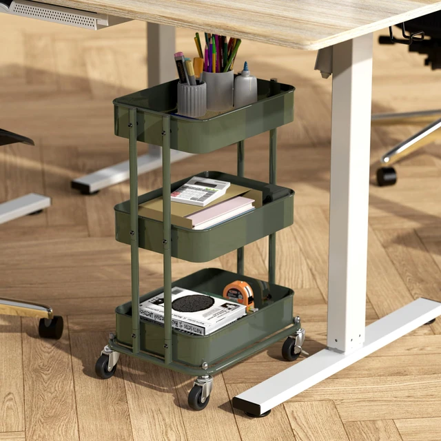 Alt view image 2 of 7 - 3-Tier Utility Cart, Low 24" Height Fits Under Desk, Green Compact & Lower Height Great for Under-Desk Space-Saving Storage for Home Office, Dining Room, or Kitchen