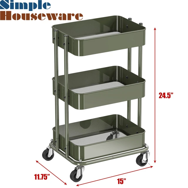 Alt view image 3 of 7 - 3-Tier Utility Cart, Low 24" Height Fits Under Desk, Green Compact & Lower Height Great for Under-Desk Space-Saving Storage for Home Office, Dining Room, or Kitchen