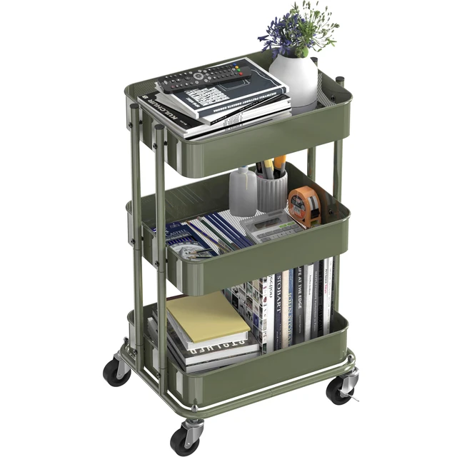 Alt view image 4 of 7 - 3-Tier Utility Cart, Low 24" Height Fits Under Desk, Green Compact & Lower Height Great for Under-Desk Space-Saving Storage for Home Office, Dining Room, or Kitchen