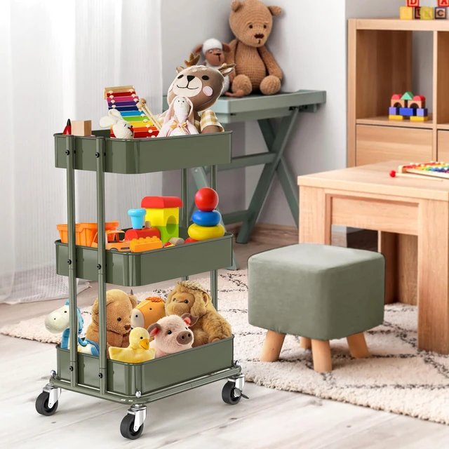 Alt view image 5 of 7 - 3-Tier Utility Cart, Low 24" Height Fits Under Desk, Green Compact & Lower Height Great for Under-Desk Space-Saving Storage for Home Office, Dining Room, or Kitchen