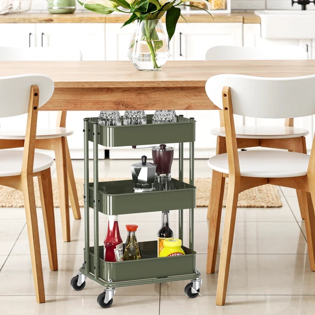 Alt view image 6 of 7 - 3-Tier Utility Cart, Low 24" Height Fits Under Desk, Green Compact & Lower Height Great for Under-Desk Space-Saving Storage for Home Office, Dining Room, or Kitchen