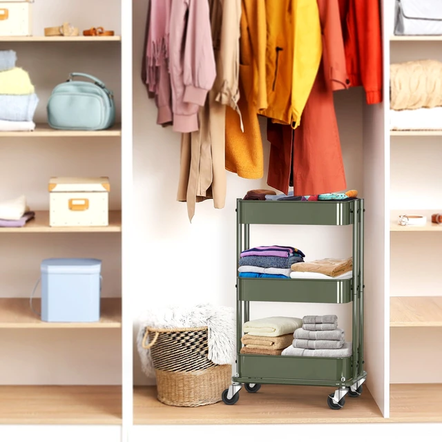 Alt view image 7 of 7 - 3-Tier Utility Cart, Low 24" Height Fits Under Desk, Green Compact & Lower Height Great for Under-Desk Space-Saving Storage for Home Office, Dining Room, or Kitchen