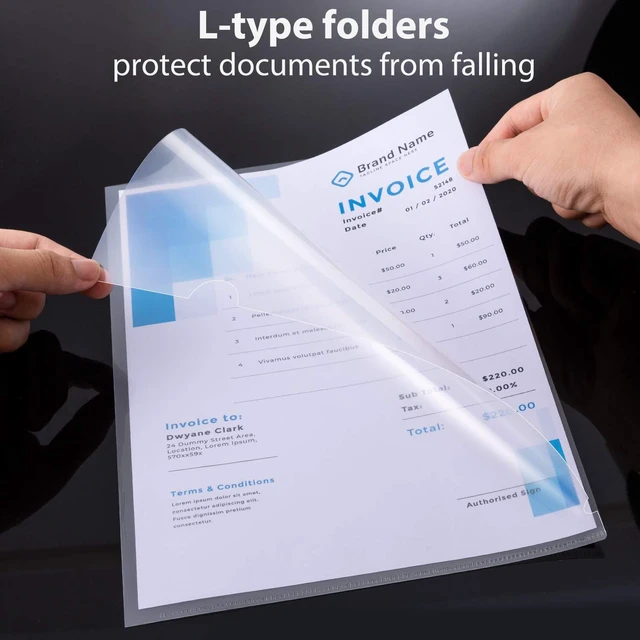 Alt view image 2 of 6 - Plastic Clear Document Folders - 100 Pack, L-Type Folders Copy Safe Project Pockets, for Letter Size Sheets, Transparent Color