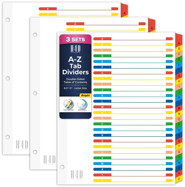 Main image of Alphabet Binder Dividers for 3-Ring Binder, A-Z Tabs, Bright, 3 Sets Customizable Table of Contents, Multicolor Tabs, Reinforced Holes, Letter Size, 26 Tabs per Set
