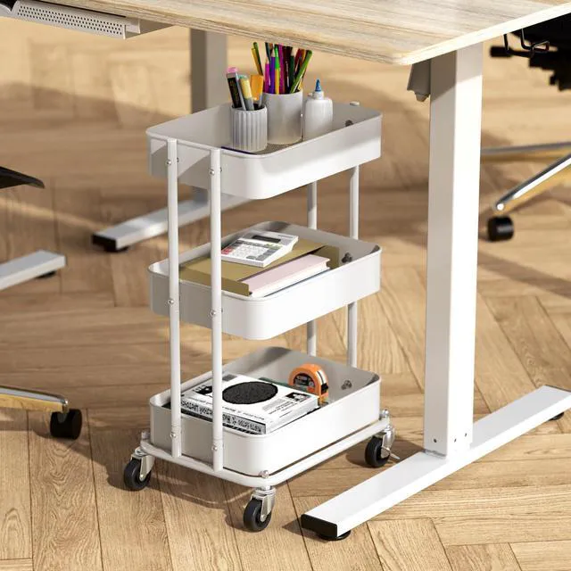 Alt view image 2 of 7 - 3-Tier Utility Cart, Low 24" Height Fits Under Desk, White Compact & Lower Height Great for Under-Desk Space-Saving Storage for Home Office, Dining Room, or Kitchen