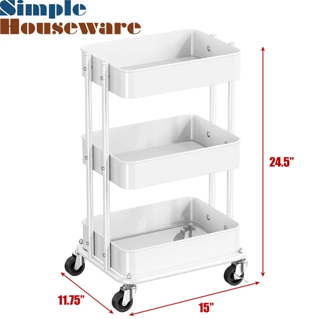 Alt view image 3 of 7 - 3-Tier Utility Cart, Low 24" Height Fits Under Desk, White Compact & Lower Height Great for Under-Desk Space-Saving Storage for Home Office, Dining Room, or Kitchen