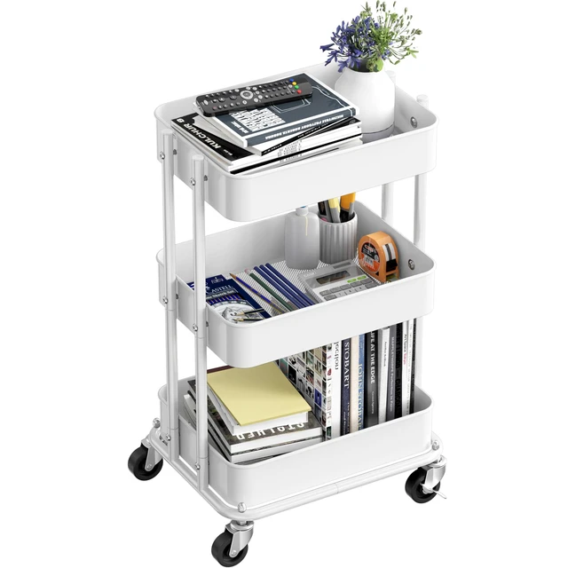 Alt view image 4 of 7 - 3-Tier Utility Cart, Low 24" Height Fits Under Desk, White Compact & Lower Height Great for Under-Desk Space-Saving Storage for Home Office, Dining Room, or Kitchen