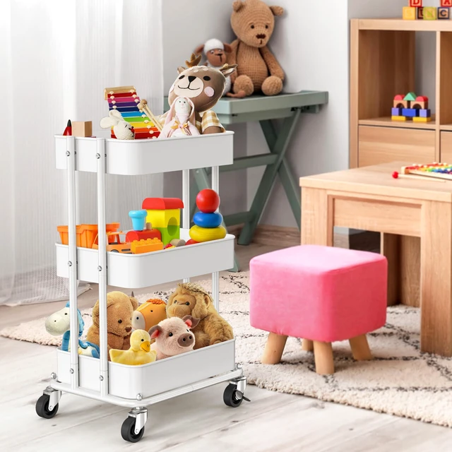 Alt view image 5 of 7 - 3-Tier Utility Cart, Low 24" Height Fits Under Desk, White Compact & Lower Height Great for Under-Desk Space-Saving Storage for Home Office, Dining Room, or Kitchen