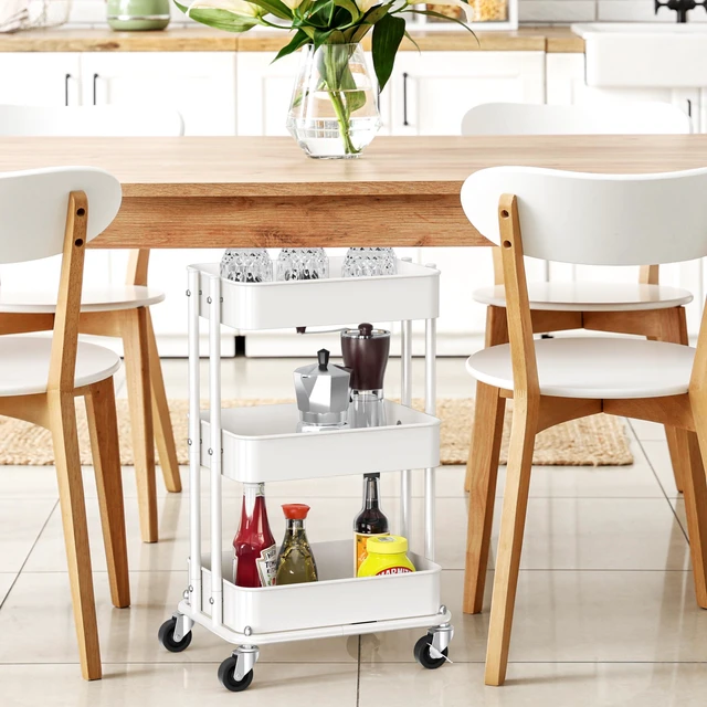 Alt view image 6 of 7 - 3-Tier Utility Cart, Low 24" Height Fits Under Desk, White Compact & Lower Height Great for Under-Desk Space-Saving Storage for Home Office, Dining Room, or Kitchen