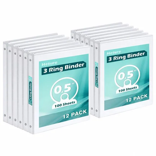 Main image of 0.5 Inch 3 Ring Binders 12 Pack, PVC Free, Slim Presentation Binder Holds 100 Sheets, Clear View Cover with 2 Interior Pockets for Office, Meetings and Professional Documents