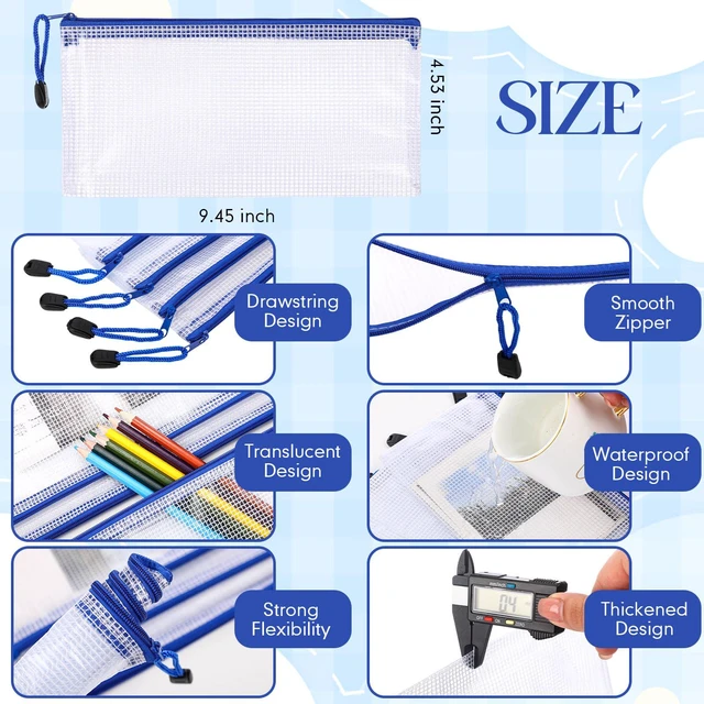 Alt view image 2 of 7 - 200 Pcs A6 Mesh Zipper Pouches Bulk 9.4"x4.5",Blue Colors Waterproof Pencil Bags for Office Supplies, Transparent Design for Stationery Storage, Organizers for Cosmetics Travel