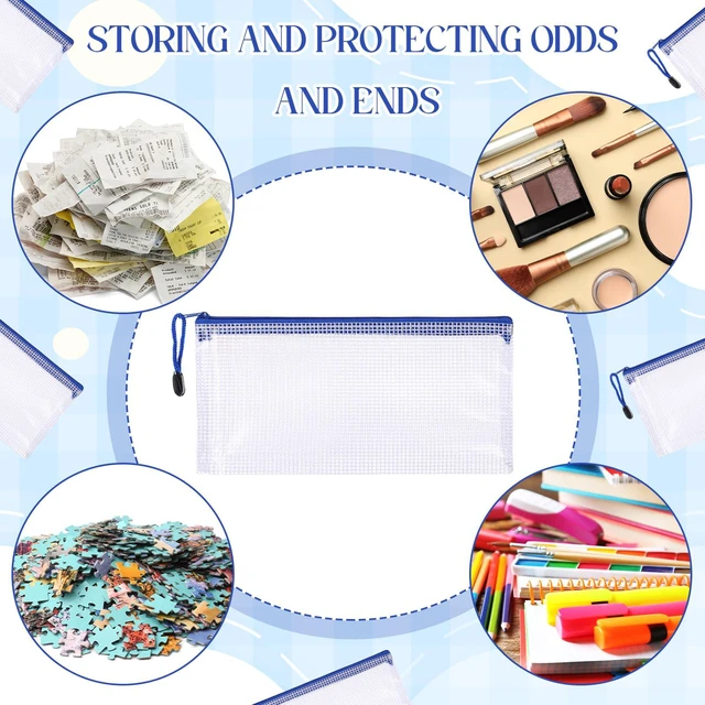 Alt view image 3 of 7 - 200 Pcs A6 Mesh Zipper Pouches Bulk 9.4"x4.5",Blue Colors Waterproof Pencil Bags for Office Supplies, Transparent Design for Stationery Storage, Organizers for Cosmetics Travel