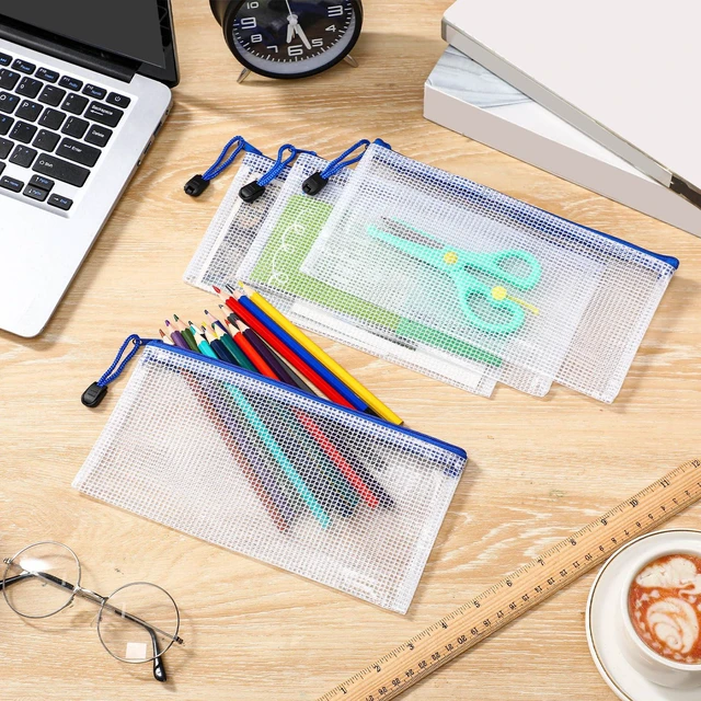 Alt view image 7 of 7 - 200 Pcs A6 Mesh Zipper Pouches Bulk 9.4"x4.5",Blue Colors Waterproof Pencil Bags for Office Supplies, Transparent Design for Stationery Storage, Organizers for Cosmetics Travel