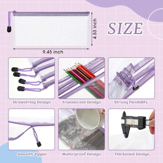 Alt view image 2 of 7 - 200 Pcs A6 Mesh Zipper Pouches Bulk 9.4"x4.5",Purple Waterproof Pencil Bags for Office Supplies, Transparent Design for Stationery Storage, Organizers for Cosmetics Travel