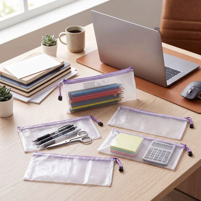 Alt view image 7 of 7 - 200 Pcs A6 Mesh Zipper Pouches Bulk 9.4"x4.5",Purple Waterproof Pencil Bags for Office Supplies, Transparent Design for Stationery Storage, Organizers for Cosmetics Travel