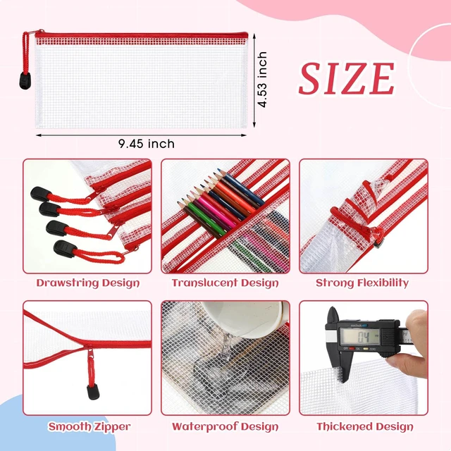 Alt view image 2 of 7 - 200 Pcs A6 Mesh Zipper Pouches Bulk 9.4"x4.5",Red Waterproof Pencil Bags for Office Supplies, Transparent Design for Stationery Storage, Organizers for Cosmetics Travel
