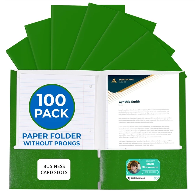 Main image of 100 Pack Green 2 Pocket Paper Folders. Heavy Duty, Bulk Folders with Pockets and Business Card Slots. Colored Letter Size Document Organizers. Durable Portfolio for School, College, Office Files