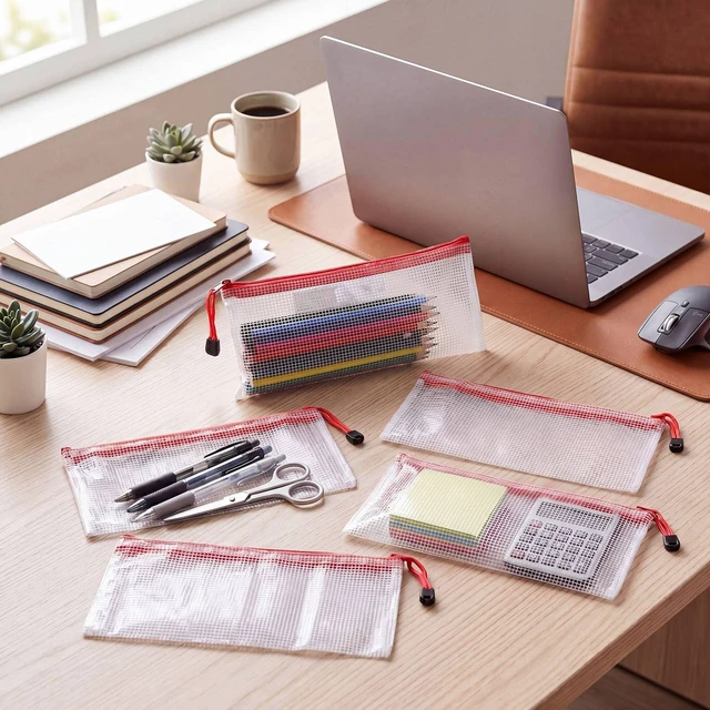 Alt view image 7 of 7 - 200 Pcs A6 Mesh Zipper Pouches Bulk 9.4"x4.5",Red Waterproof Pencil Bags for Office Supplies, Transparent Design for Stationery Storage, Organizers for Cosmetics Travel