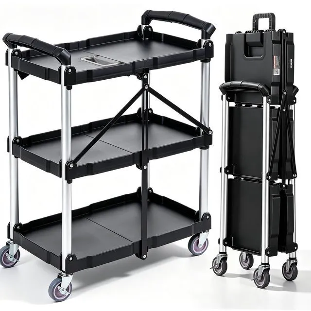 Main image of Foldable Utility Service Cart, 165LBS 3 Shelf Heavy Duty Plastic Rolling Cart with 360° Swivel Wheels (2 with Brakes), Ergonomic Handle, Portable Garage Tool Cart for Warehouse Office Home