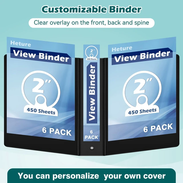 Alt view image 6 of 7 - 3 Ring Binder 2 Inch 6 Pack,2" Clear View with Round Rings, PVC-Free,Holds for 450 Sheets 8.5X 11 US Letter Size Paper, Durable Black Binders Perfect for Office,School and Home