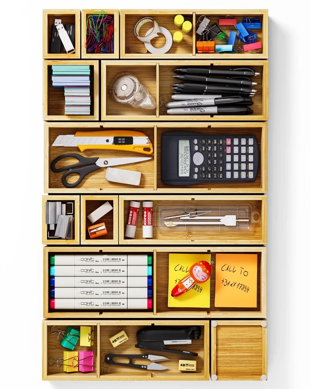 Main image of 12-Piece Bamboo Drawer Organizer Set, 24 Compartments Modular Storage Natural Bamboo, Flexible Modular Trays, Water-Resistant, Stackable Design, Adjustable, Excellent Organization, Easy to Clean