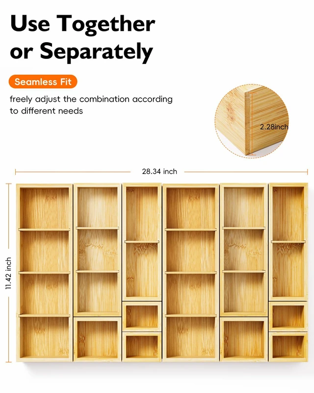 Alt view image 2 of 7 - 12-Piece Bamboo Drawer Organizer Set, 24 Compartments Modular Storage Natural Bamboo, Flexible Modular Trays, Water-Resistant, Stackable Design, Adjustable, Excellent Organization, Easy to Clean
