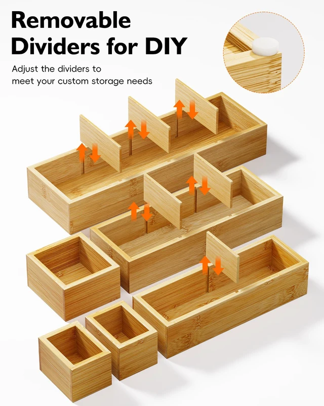 Alt view image 3 of 7 - 12-Piece Bamboo Drawer Organizer Set, 24 Compartments Modular Storage Natural Bamboo, Flexible Modular Trays, Water-Resistant, Stackable Design, Adjustable, Excellent Organization, Easy to Clean