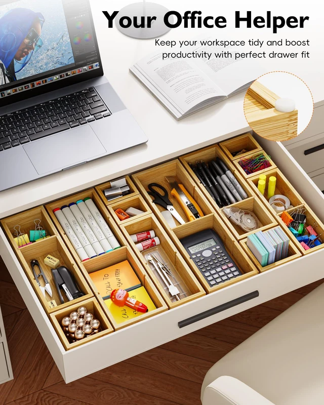 Alt view image 5 of 7 - 12-Piece Bamboo Drawer Organizer Set, 24 Compartments Modular Storage Natural Bamboo, Flexible Modular Trays, Water-Resistant, Stackable Design, Adjustable, Excellent Organization, Easy to Clean