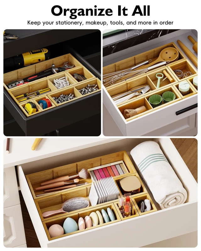 Alt view image 7 of 7 - 12-Piece Bamboo Drawer Organizer Set, 24 Compartments Modular Storage Natural Bamboo, Flexible Modular Trays, Water-Resistant, Stackable Design, Adjustable, Excellent Organization, Easy to Clean
