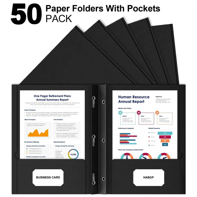 Alt view image 4 of 7 - 50 Pack Black Two Pocket Folder with Prongs, Paper Folders with Pockets Business Card Holder, Folders with Pocket, Fit Letter Size, Organizing Papers in School, Office, Business, Black