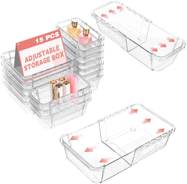 Main image of 15 Pcs Expandable Drawer Organizer, All Adjustable Storage Box, Clear 2-Size Vanity Drawer Organizer, Acrylic Storage Bins for Makeup, Cosmetic, Bedroom Dressers Tool Organizer for Gadgets
