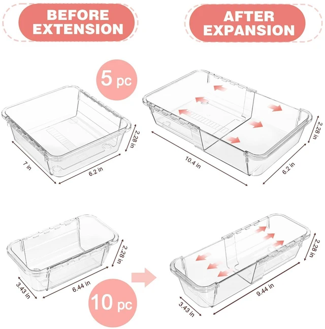 Alt view image 2 of 7 - 15 Pcs Expandable Drawer Organizer, All Adjustable Storage Box, Clear 2-Size Vanity Drawer Organizer, Acrylic Storage Bins for Makeup, Cosmetic, Bedroom Dressers Tool Organizer for Gadgets