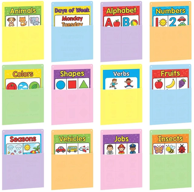 Main image of 12 Pcs Pastel Plastic Wall Pockets 12.6" x 9.4" File Holder Bulletin Boards Pockets, Hanging Wall Mounted, Mail Organizer, Classroom Office Supplies Storage, Back to School