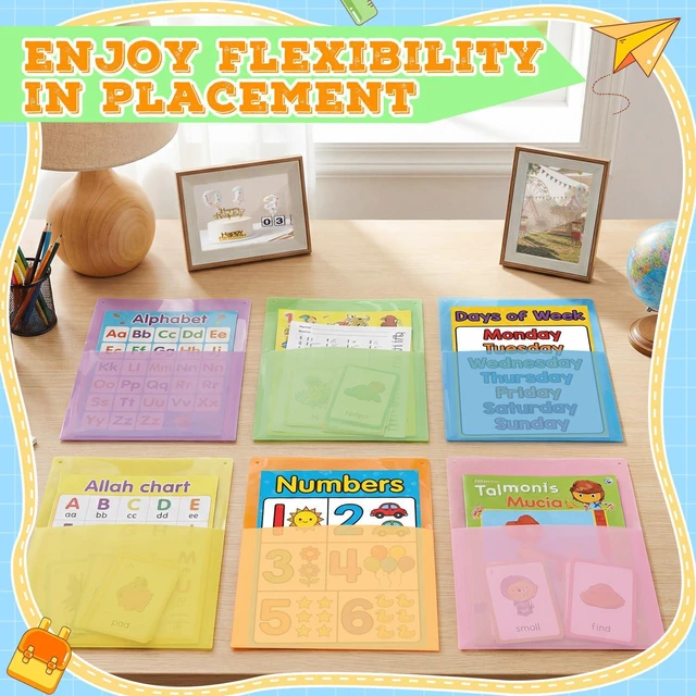 Alt view image 4 of 6 - 12 Pcs Pastel Plastic Wall Pockets 12.6" x 9.4" File Holder Bulletin Boards Pockets, Hanging Wall Mounted, Mail Organizer, Classroom Office Supplies Storage, Back to School