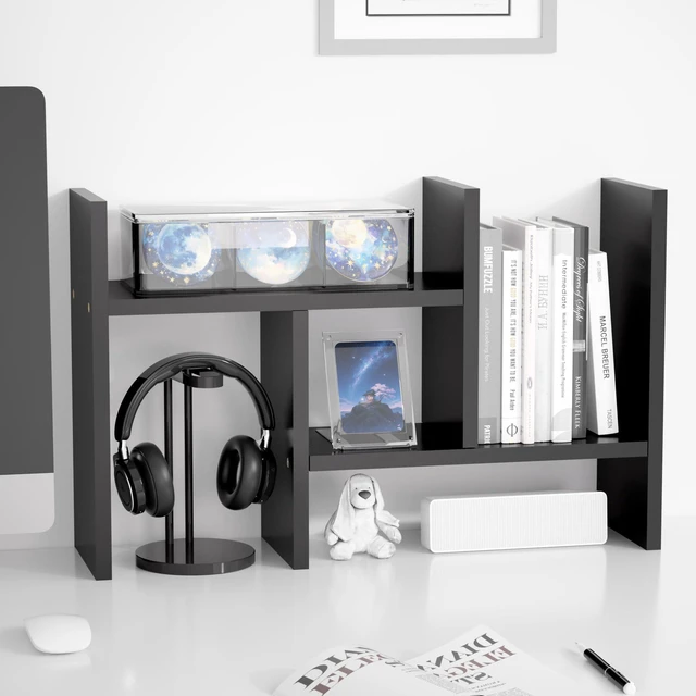 Main image of Desktop Organizer Office Storage Rack Adjustable Wood Display Shelf Free Style Double H, Multi-Functional Mini Bookshelf for Desk Natural Stand (Black)