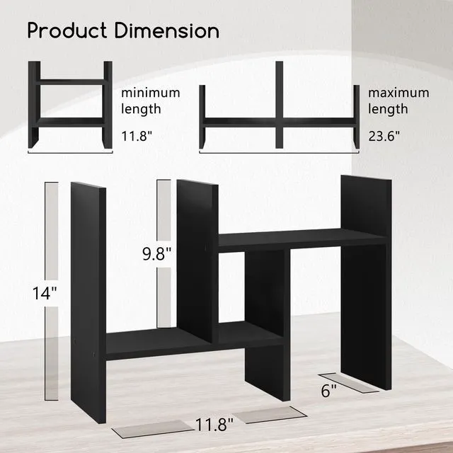 Alt view image 2 of 7 - Desktop Organizer Office Storage Rack Adjustable Wood Display Shelf Free Style Double H, Multi-Functional Mini Bookshelf for Desk Natural Stand (Black)