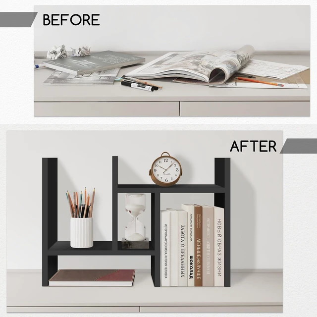 Alt view image 3 of 7 - Desktop Organizer Office Storage Rack Adjustable Wood Display Shelf Free Style Double H, Multi-Functional Mini Bookshelf for Desk Natural Stand (Black)