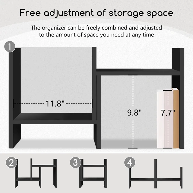Alt view image 5 of 7 - Desktop Organizer Office Storage Rack Adjustable Wood Display Shelf Free Style Double H, Multi-Functional Mini Bookshelf for Desk Natural Stand (Black)